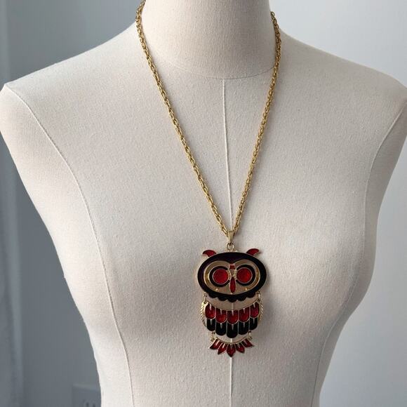 Vintage Gold Tone Red Owl Big Statement Estate Necklace 23.5” Jewelry Fashion - Picture 1 of 7